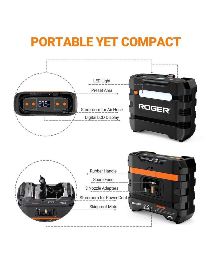 Roger Portable 12V DC Air Compressor Pump with Digital Gauge, Auto Shut-Off & LED Light | Tyre Inflator | OB 285